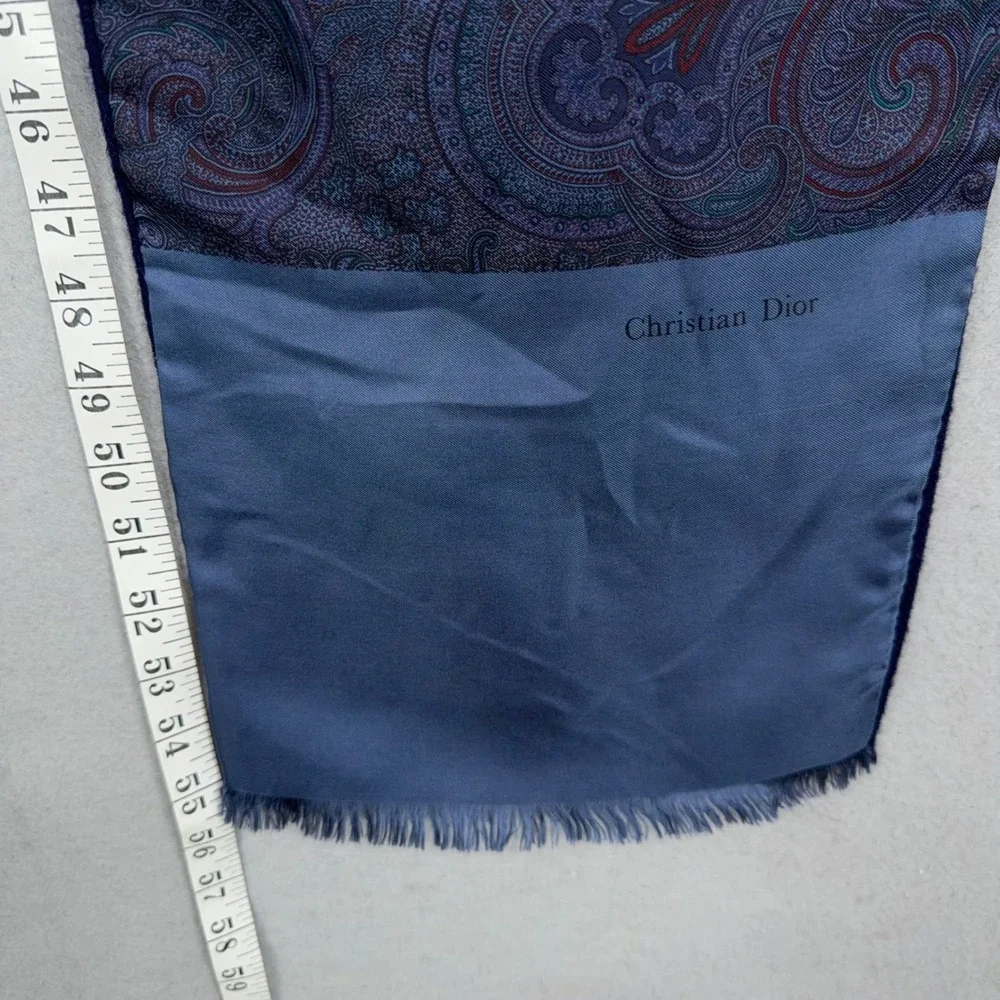 Christian Dior Scarf Mens OS Blue Paisley Silk Wool Reversible Luxury Fringed